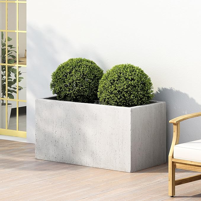 Merax Outdoor Large Square MGO Planter, 35-inch Modern Lightweight Concrete Garden Plant Pot for Patio, Backyard, and Deck, Stone-Look Rectangle Planter Box, White
