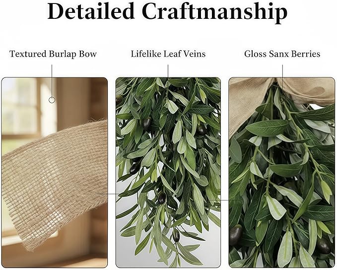 2026 Spring Olive Branch Teardrop Swag 24 Inch, Extra Full & Thick Faux Greenery with Upgraded Ribbon & Textured Leaves, Sturdy Farmhouse Hanging Wreath for Door, Wedding Arch, Kitchen, Bathroom Decor