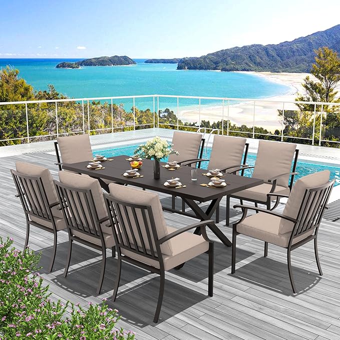 9-Piece Patio Dining Set Outdoor Conversation Set,Metal Outdoor Furniture Set with Umbrella Hole Cut-Out 78.7" x 35.4" Table and 8 Metal Backrest Chairs for Backyard,Garden,Sand