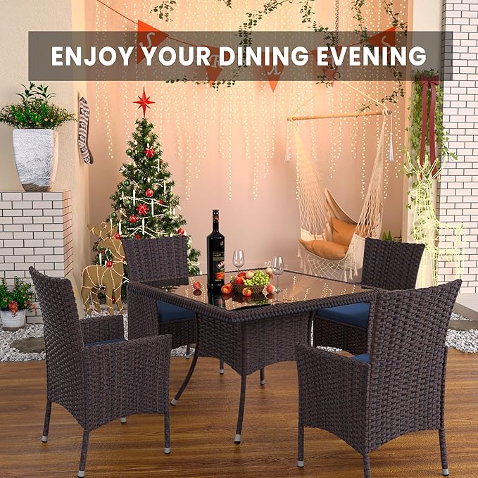 10 Piece Outdoor Dining Set,Rattan Patio Conversation Set of 8 Chairs,Patio Dining Table and Chairs w/Cushions,Square Glass Tabletop,Umbrella Cutout for Patio,NavyBlue