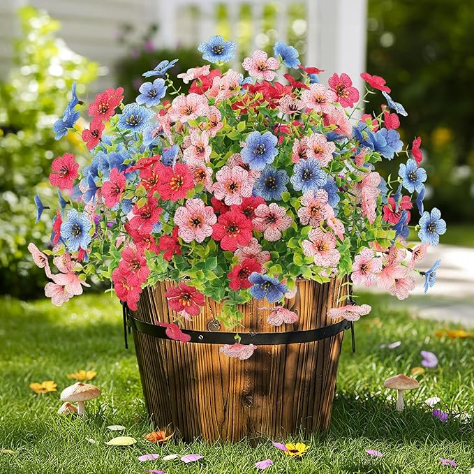 Artificial Spring Flowers Outdoors UV Resistant Plastic Flowers Outdoors Faux Flowers Fake Plants Outside for Garden Porch Planters Silk Flowers Daisy Decor, 6 Bundles (Mix Rose Red Blue Pink)