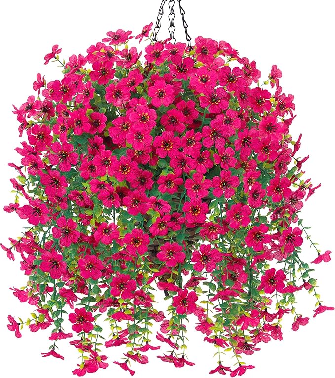 HyeFlora Artificial Hanging Flowers Basket for Outdoor, Fake Flowers Faux Plants Look Real for Yard Gardens Porch Patio Home (Hotpink)