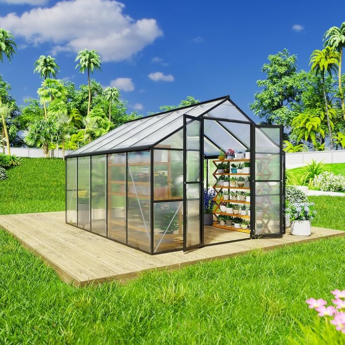 8 x 10 FT Outdoor Greenhouse, Heavy-Duty Polycarbonate Greenhouse with Aluminum Frame, Lockable Door, Adjustable Roof Vent, Walk-in Green House for Backyard, Garden, Patio