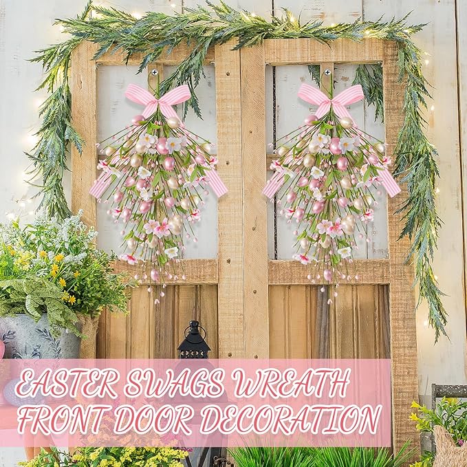 2 Pack 24'' Easter Teardrop Swags for Front Door Pastel Pink Easter Eggs Teardrop Wreath Artificial Spring Floral Hanging Swags with Ribbon Berry Flower for Farmhouse Home Outdoor Window Wall Decor