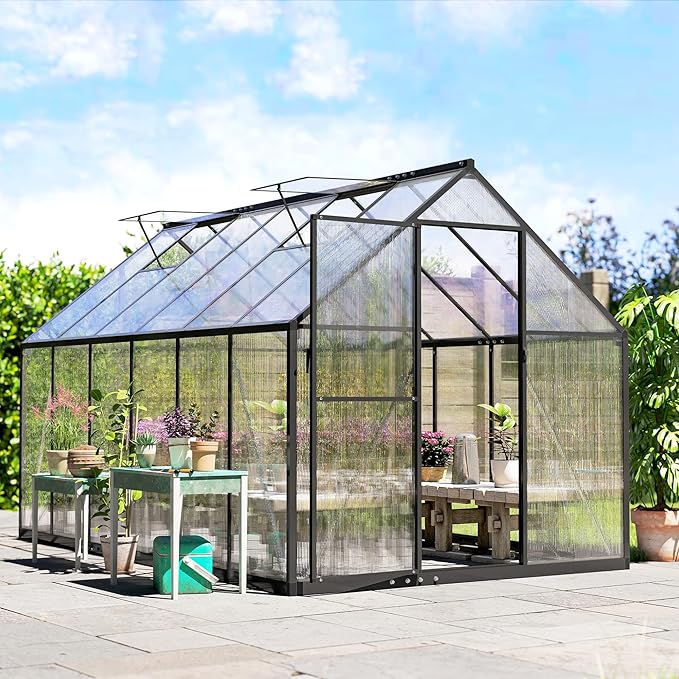 Outsunny 11x6 ft Polycarbonate Greenhouse with Swing Door and Two Adjustable Roof Vents, Aluminum Walk-in Greenhouse Outdoor Greenhouse for Patio Garden Backyard, Black