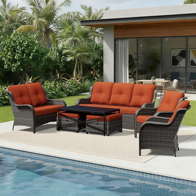 Joyside 7 Piece Wicker Patio Furniture Set, Rattan Patio Chairs with High Back, Deep Seating, Wide Armrest, Thickened Cushions, Outdoor Furniture for Deck, Porch Use