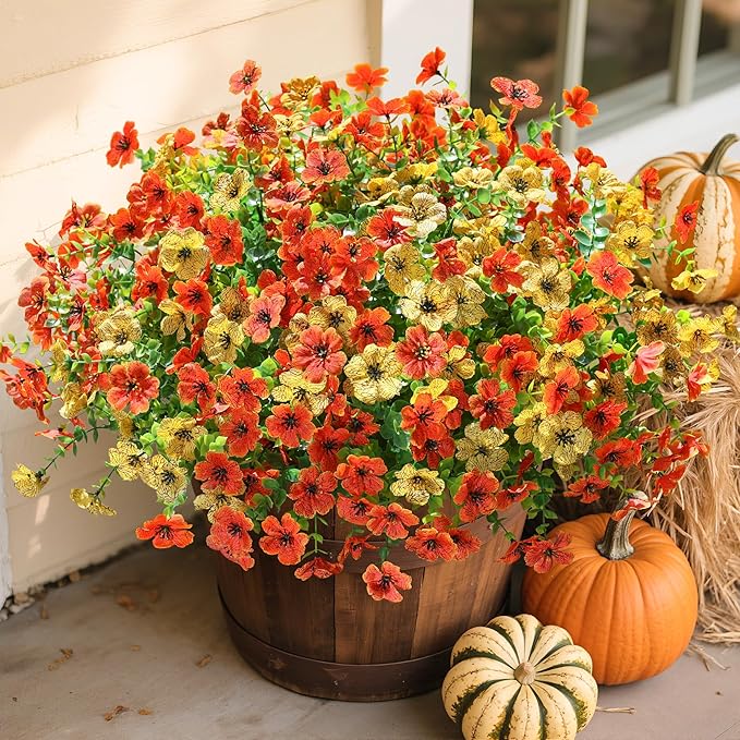 florisso Artificial Fall Flowers Fake Mums for Outdoor Autumn Decoration, 12 Bundles Faux Silk Orange Yellow Mums Daisy Look Real UV Resistant for Outside Home Porch Patio Planter
