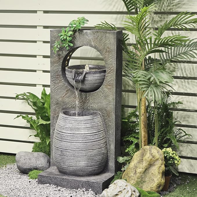 37.4’’ Tall Water Fountain Outdoor Modern Garden Fountains Layered Bowl Waterfall with LED Lights Top Planter Area for Garden, Patio, Yard, Office, Porch Home Art Decor