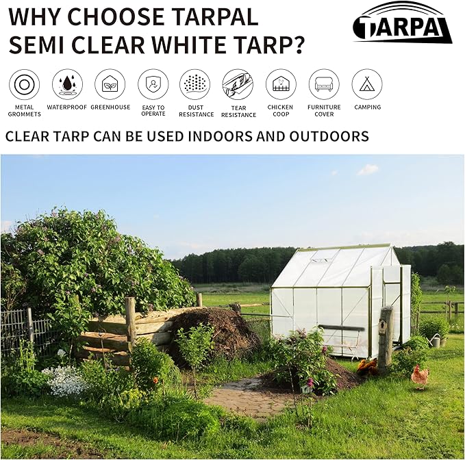 TARPAL 16'x16' Semi Clear White Tarp Waterproof Green House Cover with Grommets 7.5mil Clear Poly tarps for Gardening,Farm, Garden,Chicken Coops，Outdoor