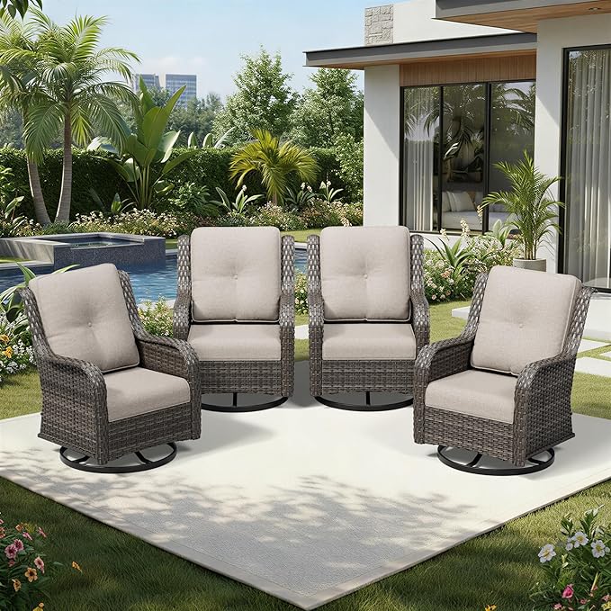 Joyside 4 Piece Outdoor Swivel Rocker Patio Chairs, Wicker Patio Furniture with High Back, Deep Seating, Wide Armrest, Thickened Cushions, Outdoor Rattan Furniture for Deck, Porch Use