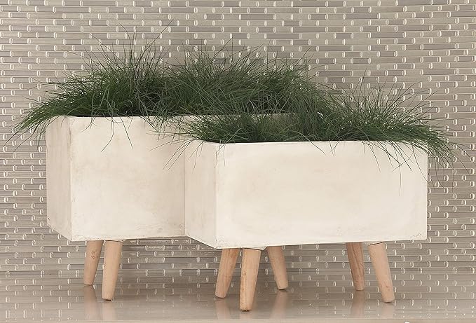 Deco 79 Fiberclay Ceramic Indoor Outdoor Planter Rectangular Large Planter Pot with Brown Wooden Legs, Set of 2 Planters 21", 17"W, White