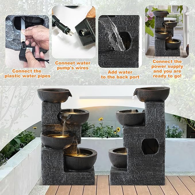 MAGIC UNION Outdoor Water Fountain, 4 Tiers Cascading Bowls Waterfall Indoor Fountain Garden Decor w/LED Lights, Outside Patio Resin Stacked Stones Fountains for Yard, Deck and Porch (Brown)
