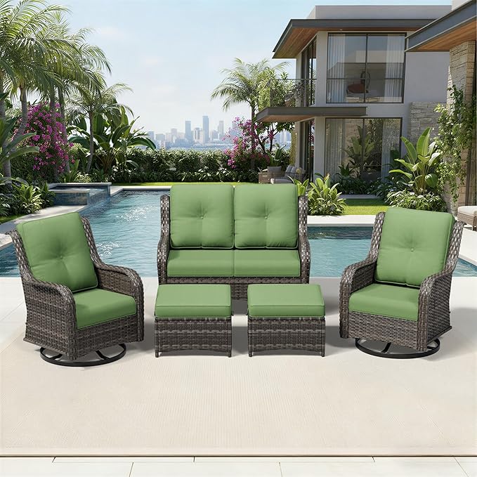 Joyside 5 Piece Wicker Patio Furniture Set, Outdoor Swivel Rocker Patio Chairs with High Back, Deep Seating, Wide Armrest, Thickened Cushions, Outdoor Furniture for Deck, Porch Use