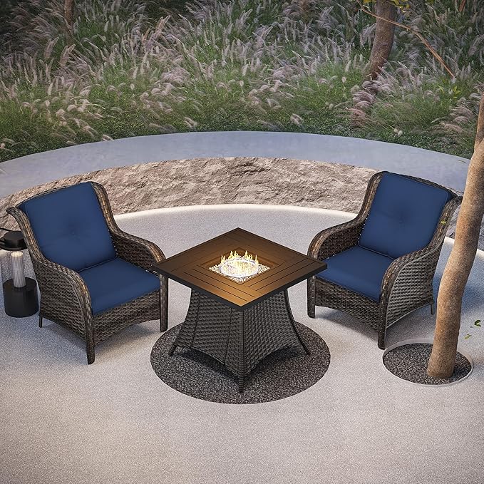 Joyside 3 Piece Wicker Patio Furniture Set with Fire Pit Table, Rattan Patio Chairs with High Back, Deep Seating, Wide Armrest, Thickened Cushions, Outdoor Furniture for Deck, Porch Use