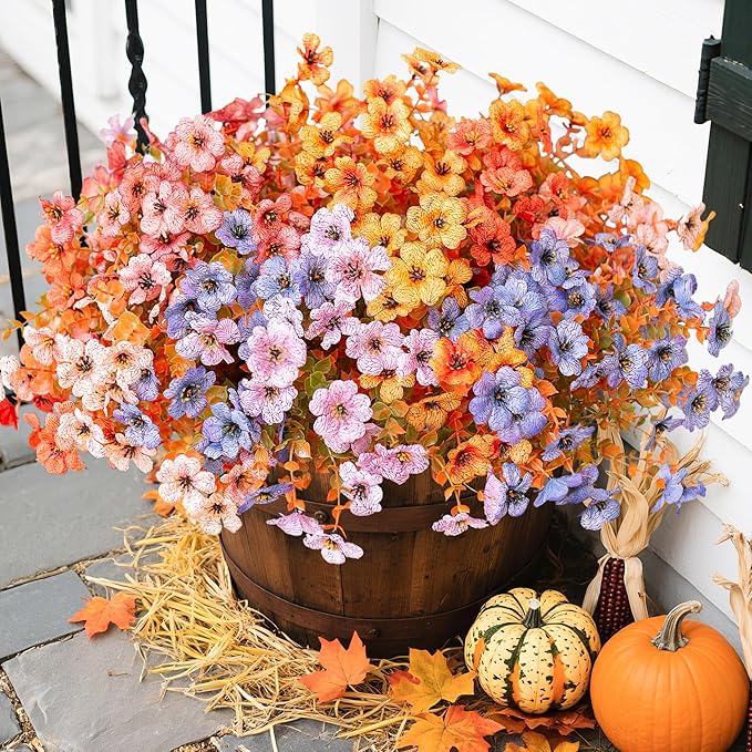 florisso Artificial Fall Flowers Fake Mums for Outdoor Autumn Decoration, 12 Bundles Faux Silk Orange Yellow Mums Daisy Look Real UV Resistant for Outside Home Porch Patio Planter (Fall-6multicolor)