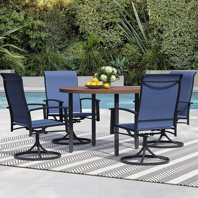 5 Pieces Outdoor Table and Chairs for 4, 42" Walnut Round Table with 4 Blue Swivel Chairs, Patio Set with Swivel Chair, Garden Tables for Outdoor, Patio Dining Set for Lawn Backyard Poolside