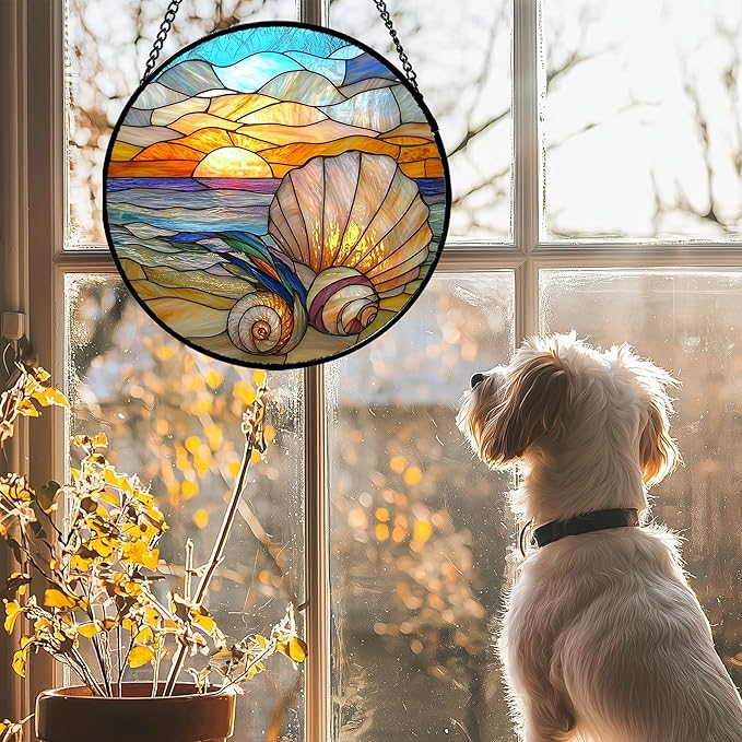 Stained Glass Window Hanging - Colorful Beach Shells Conch Sun Catcher for Door Home Decor Ocean Suncatcher Christmas Mother's Day Birthday Sea Lover Gifts for Women Men Mom Nana 11.8 in