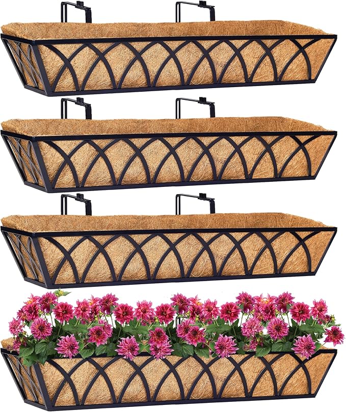 HFHOME 4 Pcs 30" Window Box Deck Railing Planter with Horse Trough Coco Liners, Black Metal Hanging Flower Planters Baskets for Indoor, Outdoor, Balcony, Porch, Fence, Patio, and Lawn