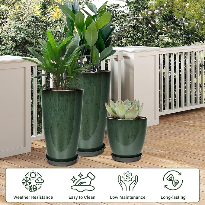 Neoaider 24/21/12 Inch Large Plastic Planter, Lightweight Ceramic-Look Tall Planters with Drain Hole & Saucers, Tall Plastic Planters for Porch, Garden, Patio, Balcony(Dark Green)