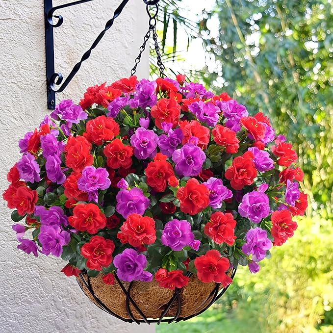Artificial Fake Outdoor Flowers Plants, Faux Silk Camellia Bundles UV Resistant No Fade Realistic for Planter Pot Outside Porch Patio Balcony Garden Yard Home Decor, 3 Large Bundles (Red +Fuchsia)
