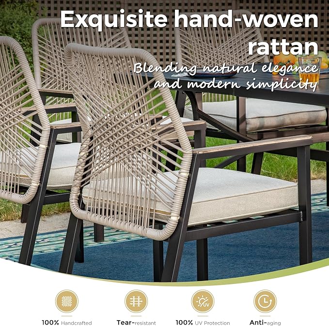 Patio Wicker Chair Sets of 6, Outdoor Dining Chairs with 3.1 inch Seat Cushions, Sturdy Metal Frame & Wood Grain Armrest, Beige