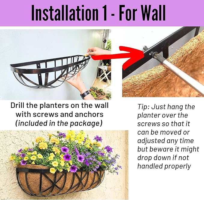 LaLaGreen 36 Inch, 2 Pack Window Boxes Planters – Large Black Metal Window Boxes for Outdoor Plant, Wall Mount Flower Pot with Coco Liner, Attach to House Fence Balcony Herb for Patio Porch Garden