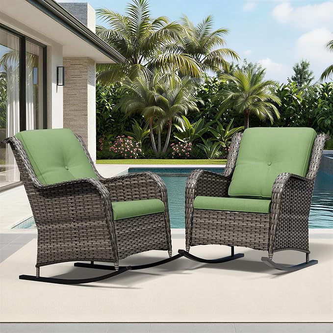 Joyside Outdoor Rocking Chairs Set of 2, Wicker Patio Furniture with High Back, Deep Seating, Wide Armrest, Thickened Cushions, Outdoor Rattan Furniture for Deck, Porch Use