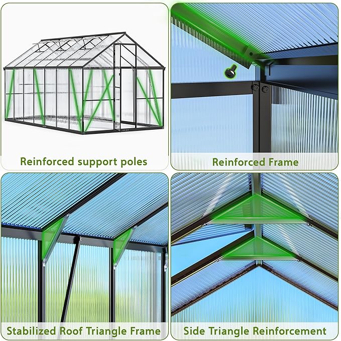 Wanan 14x8FT Greenhouses for Outdoors, Quick Assembly Polycarbonate Green House with UV Protection, Windproof Aluminum Frame Heavy Duty, Adjustable Roof Vent for Backyard or Outdoor Garden Use