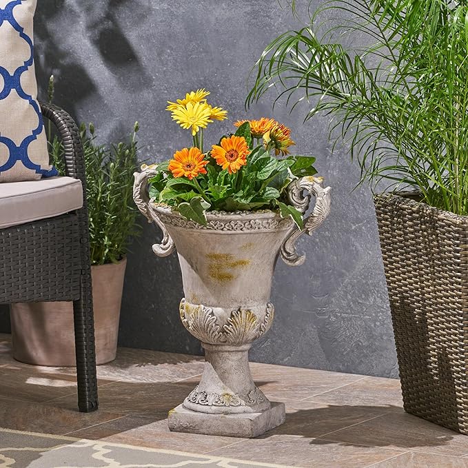 Christopher Knight Home Jorine Patio Planter, Light Concrete Planter, Mid-Centry Gadern Urn, Floral Relif Design Plant Pot, Large Garden Pot, Flower Urn with Drainage Hole for Backyard Home, Gray