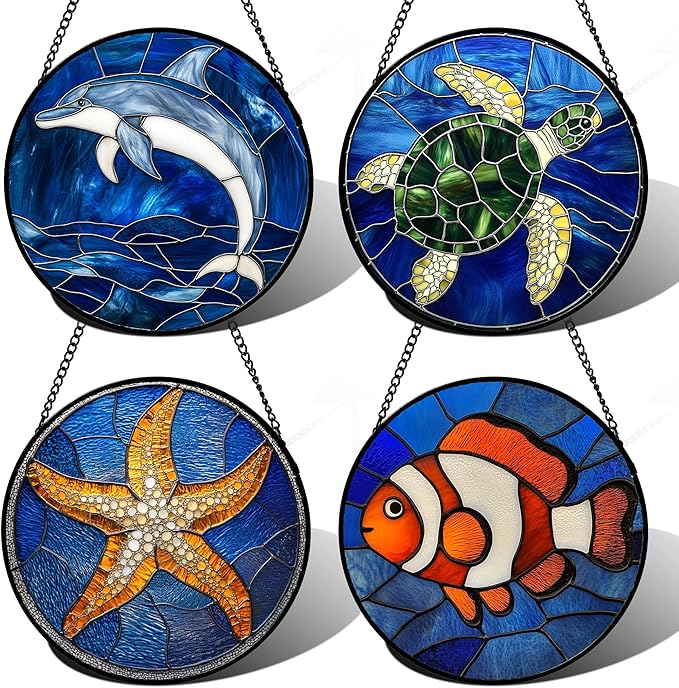 Stained Glass Window Hanging 4 Pcs Set Blue Ocean Turtle Dolphin 6.3" - Marine Life Suncatcher Garden Sun Catcher Decor Birthday Mother's Day for Mom Woman Nana Men