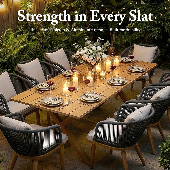 PURPLE LEAF 11 Pieces Patio Dining Set Wicker Outdoor Furniture Rectangular Table and Chairs Set for Garden Deck Teak-Finish Aluminum Frame Backyard Kitchen Set, Cushions and Pillows Included
