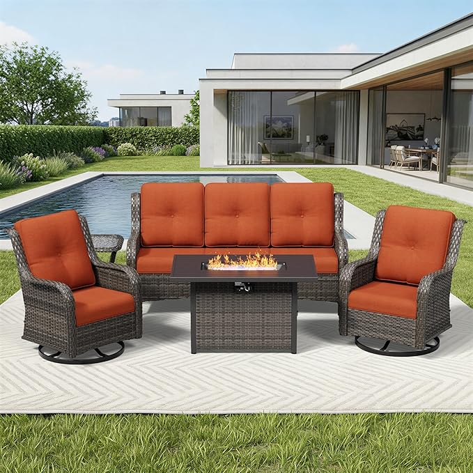 Joyside 5 Piece Wicker Patio Furniture Set with Fire Pit Table, Outdoor Swivel Rocker Patio Chairs with High Back, Deep Seating, Wide Armrest, Thickened Cushions, Outdoor Furniture for Deck, Porch Use