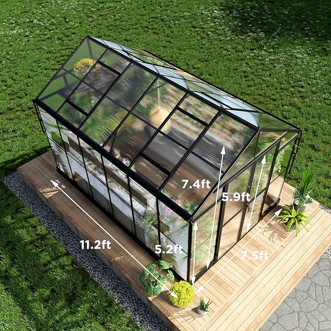 HOWE 8x12x7.5 FT Polycarbonate Greenhouse Double Swing Doors 4 Vents 5.2FT Added Wall Height, Walk-in Large Aluminum Sunroom Winter Greenhouse for Outdoors, Black