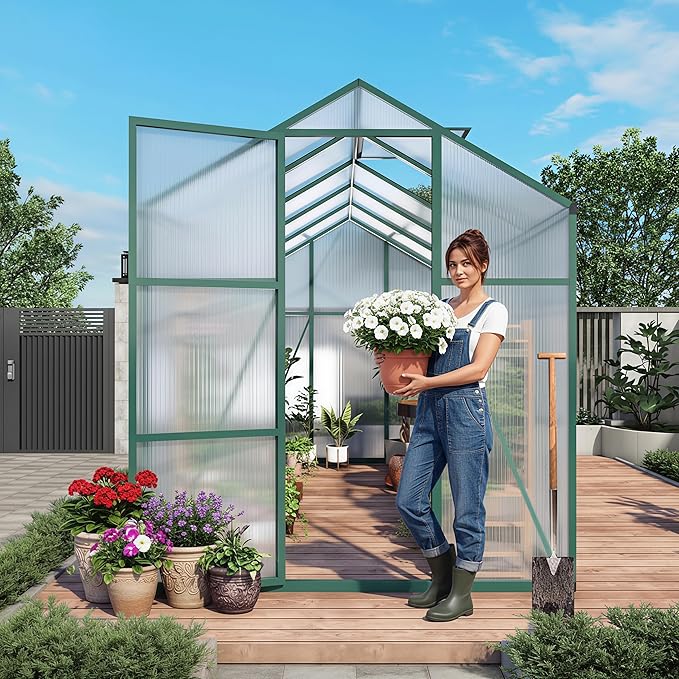 Greenhouse for Outdoors 6.1x6.1x7.2 FT, Polycarbonate Greenhouses with Roof Vent, Lockable Door and Ground Nails, Heavy-Duty Aluminum Walk-in Green House, Large Sunroom for Garden, Green