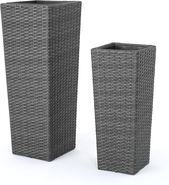 32"H Outdoor Rattan Flower Pots Set of 2,Patio Wicker All-Weather Planter Set,Rattan Plant Pots with Iron Frame for Herb Garden,or Indoor Decor,Large & Small Sizes, No Assembly Required Gray