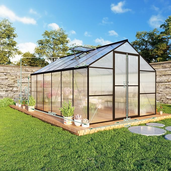 8X12 FT Polycarbonate Greenhouse, 6 FT Height Large Walk in Greenhouse with Roof Vent and Rain Gutter, Large Heavy Duty Aluminum Greenhouses with Swing Lockable Door for Outdoor, Black