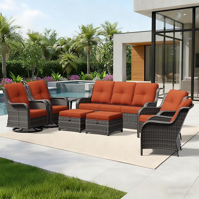 Joyside 8 Piece Wicker Patio Furniture Set, Outdoor Swivel Rocker Patio Chairs with High Back, Deep Seating, Wide Armrest, Thickened Cushions, Outdoor Furniture for Deck, Porch Use