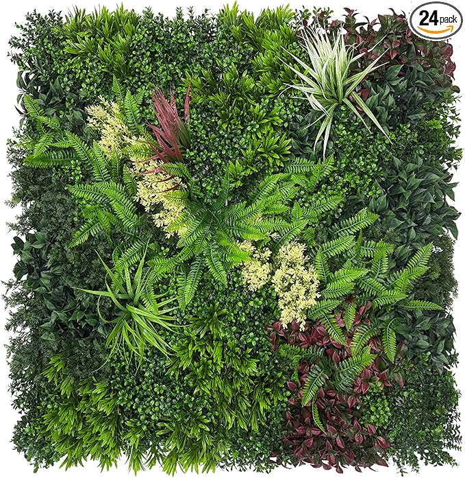 DOPGIB Artificial Grass Wall Boxwood Plant Panel: 20"x20"(24P) UV Resistant Green Leaves Faux for Interior Wall Backdrop,Garden and Indoor Outdoor Wall&Fence Covering Privacy，Party Wall Fence Decor