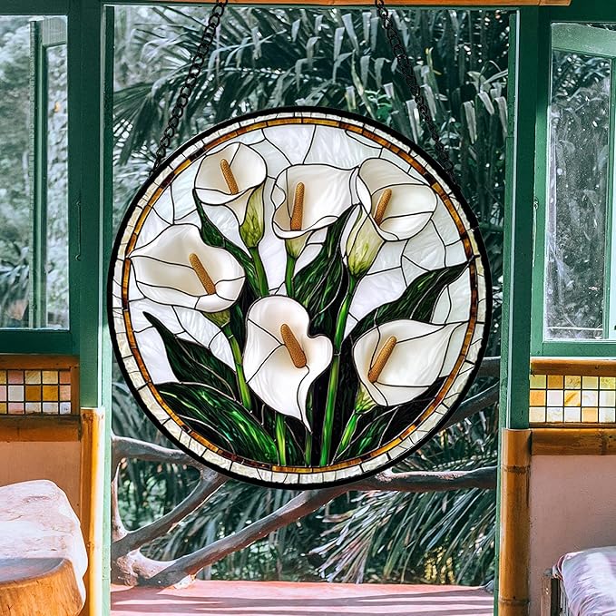DASTOLL Stained Glass Window Hanging, White Calla Lily Flowers Sun Catchers Glass Panel Plant Suncatcher Decor for Birthday for Women, Men, Wife, Aunt, and Mom 14.9x14.9 in