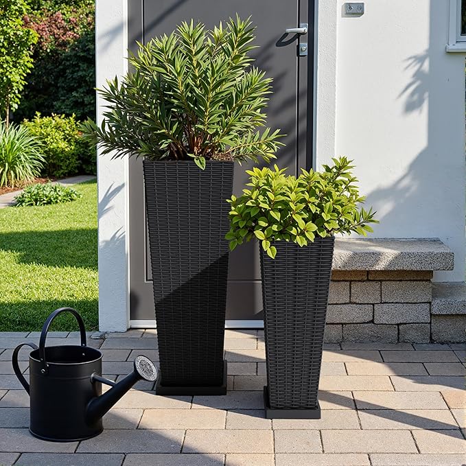 Flamaker Set of 2 Resin Rattan Planters with Tray for Indoor Outdoor, 32'' Tall Flower Pots with Drainage Holes&Inner Pot, Tapered Planters for Garden, Patio, Porch (Black, Large)