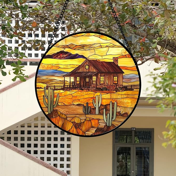 DASTOLL Stained Glass Window Hanging 4 Pcs Set Desert Sunset Theme Landscape 9.8" - Suncatcher Door Garden Sun Catcher Decor Birthday Christmas for Mom Woman Nana Men