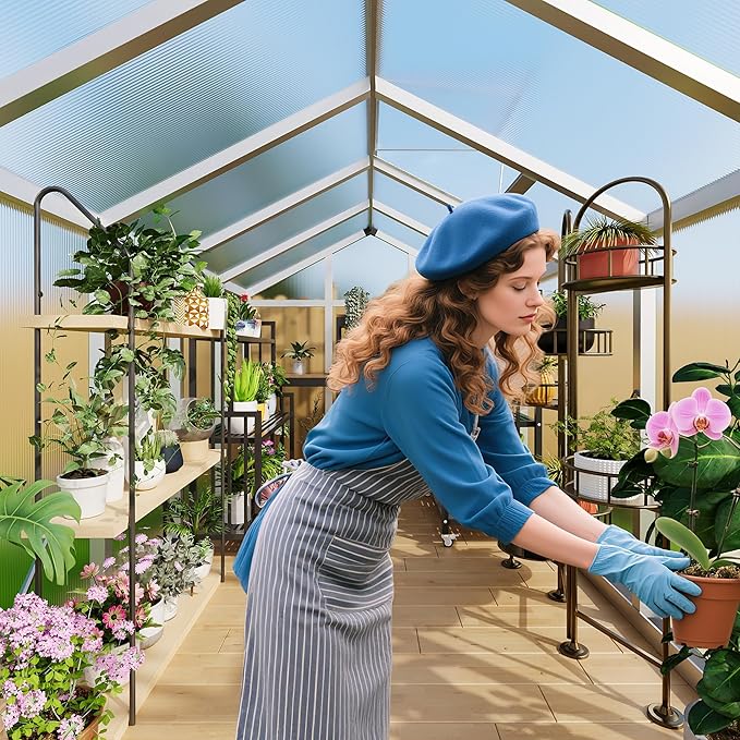 8x12 FT Greenhouse, Easy Assembly Aluminum Polycarbonate Greenhouses for Outdoors with Roof Vent, Large Aluminum Walk-in Greenhouse for Sunroom Patio, Backyard, Garden, Sliding Lockable Door, Silver