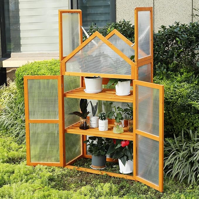 LYNSLIM Wooden Greenhouse, Raised Flower Planter Shelf with Transparent Flip-Top Roof, Cold Frame Green House for Outdoor, Mini Greenhouse Cabinet for Outside 29” W x 15”D x 50” H