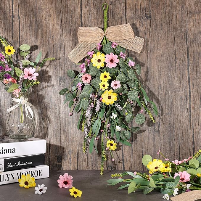 22" Artificial Spring Summer Swag Wreath 2Pcs Spring Summer Floral Teardrop Swags for Front Door Farmhouse Kitchen Cabinet Wreaths with Ribbon Faux Flowers Hanging Wreaths for Porch Wall Window Decor