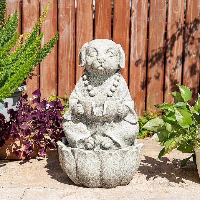 Glitzhome Water Fountain Outdoor, Outdoor Fountain with Lights&Pump, 22" H 2-Tiered Concrete Dog Statue Zen-Style Water Fountain Polyresin Water Feature for Home Patio Garden Backyard Decor
