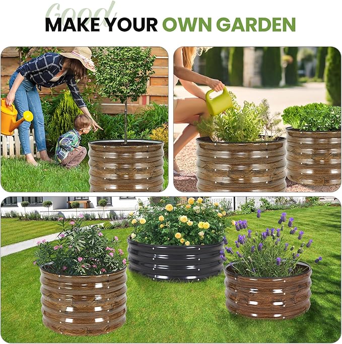 G GOOD GAIN Round Raised Garden Bed - 2Pcs 2x2x1.3ft Galvanized Steel Planter Boxes Outdoor with Rubber Edge Trim | Metal Raised Beds for Gardening Vegetables Flowers Fruits Herbs (Wood Grain)