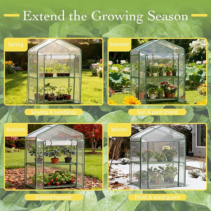 Mini Greenhouse for Outdoor Indoor, 2 Tier Shelves Small Green House for Winter, Portable Greenhouses with PE-Coated Metal Frame Heavy Duty PVC Cover, Plant Rack Stand House 2.3x1.6x3ft