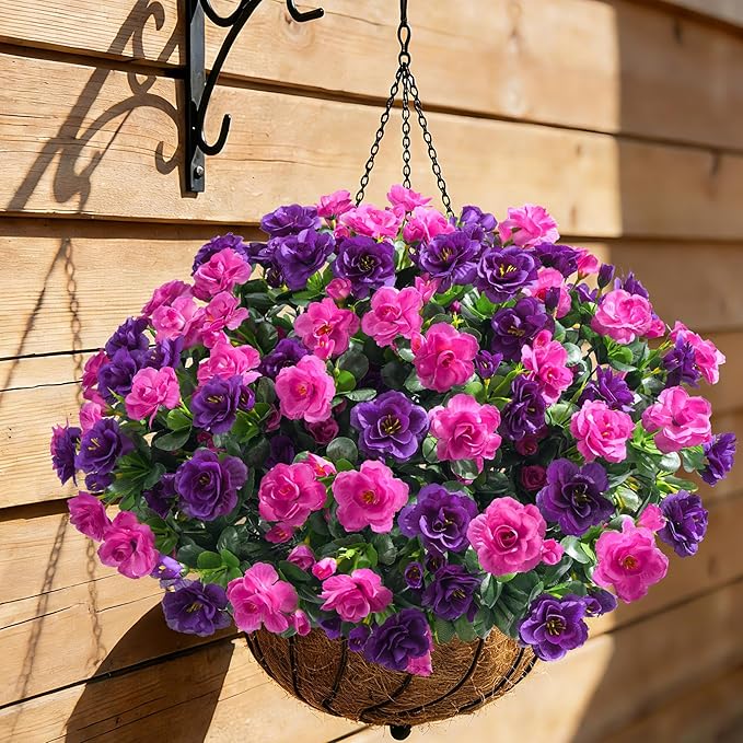 Artificial Fake Outdoor Flowers Plants, Faux Silk Camellia Bundles UV Resistant No Fade Realistic for Planter Pot Outside Porch Patio Balcony Garden Yard Home Decor, 3 Large Bundles (Purple+Fuchsia)