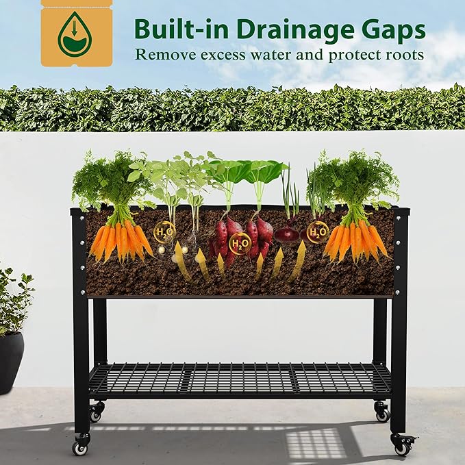 48" W x 24" D x 34" H Galvanized Raised Garden Bed with Lockable Wheels, Raised Garden Beds Outdoor with Drainage Gaps & Shelf, Planter Boxes Outdoor for Backyard, Patio, Balcony, Rustic