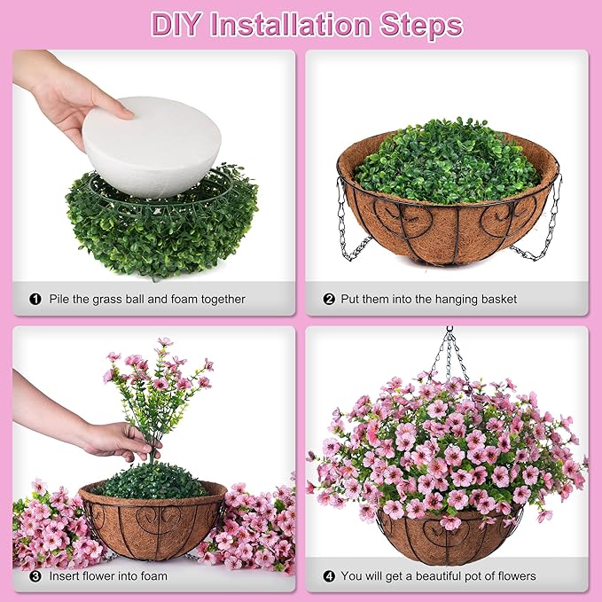 Artificial Flowers Hanging Basket for Outdoor Indoor Spring Summer Decor,Fake Silk Colorful Daisy Eucalyptus in 12" Metal Coconut Lining Flowerpot Arrangement for Home Patio Yard Decor(Pink)